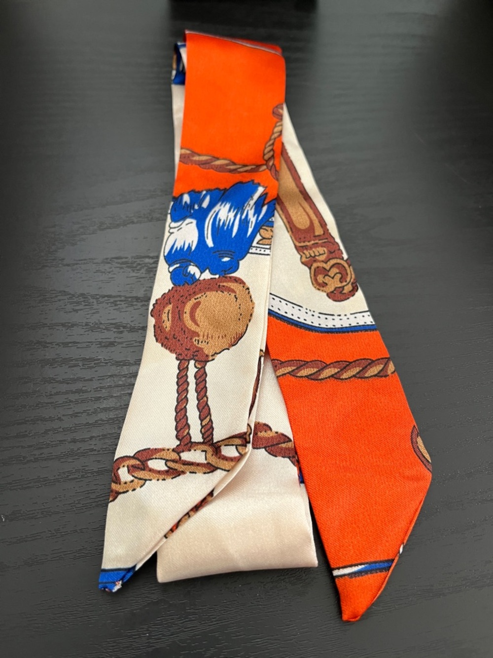 Silk Scarf Tie with Rope & Medallion Print - Orange & Cream
